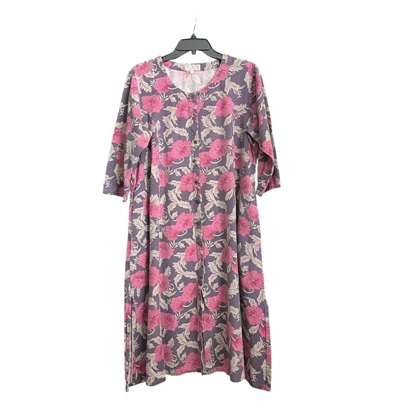 Utsa Shirt Day Dress Womens Size XXL Midi Floral Seam Pockets Side Splits Cotton - Picture 1 of 6